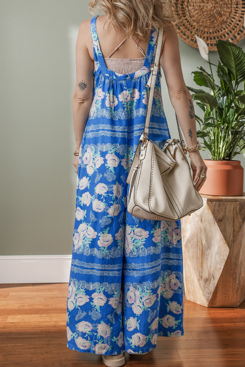 Blue Floral Print Wide Leg Jumpsuit