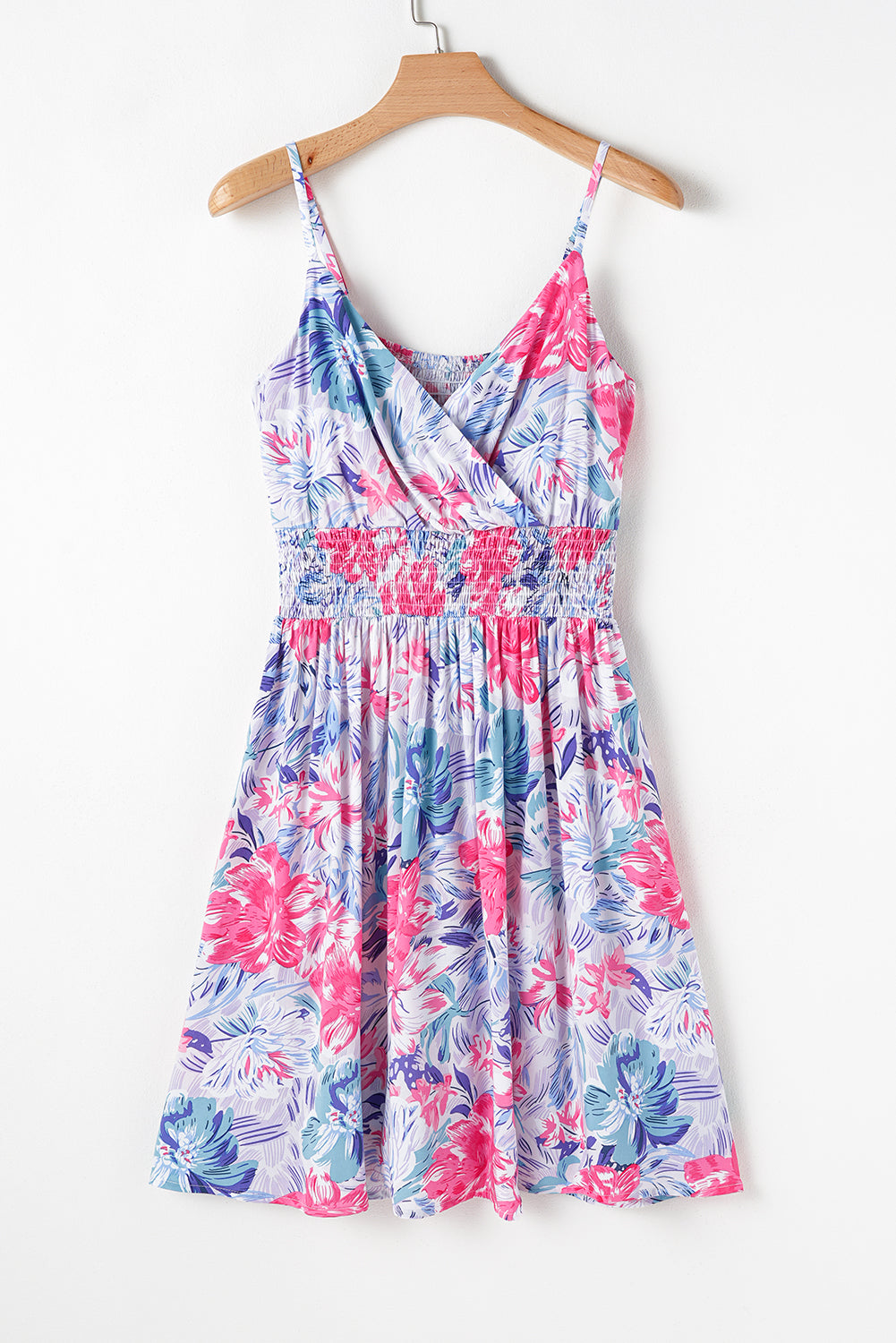 Sky Blue Floral Shirred Waist Mini Dress