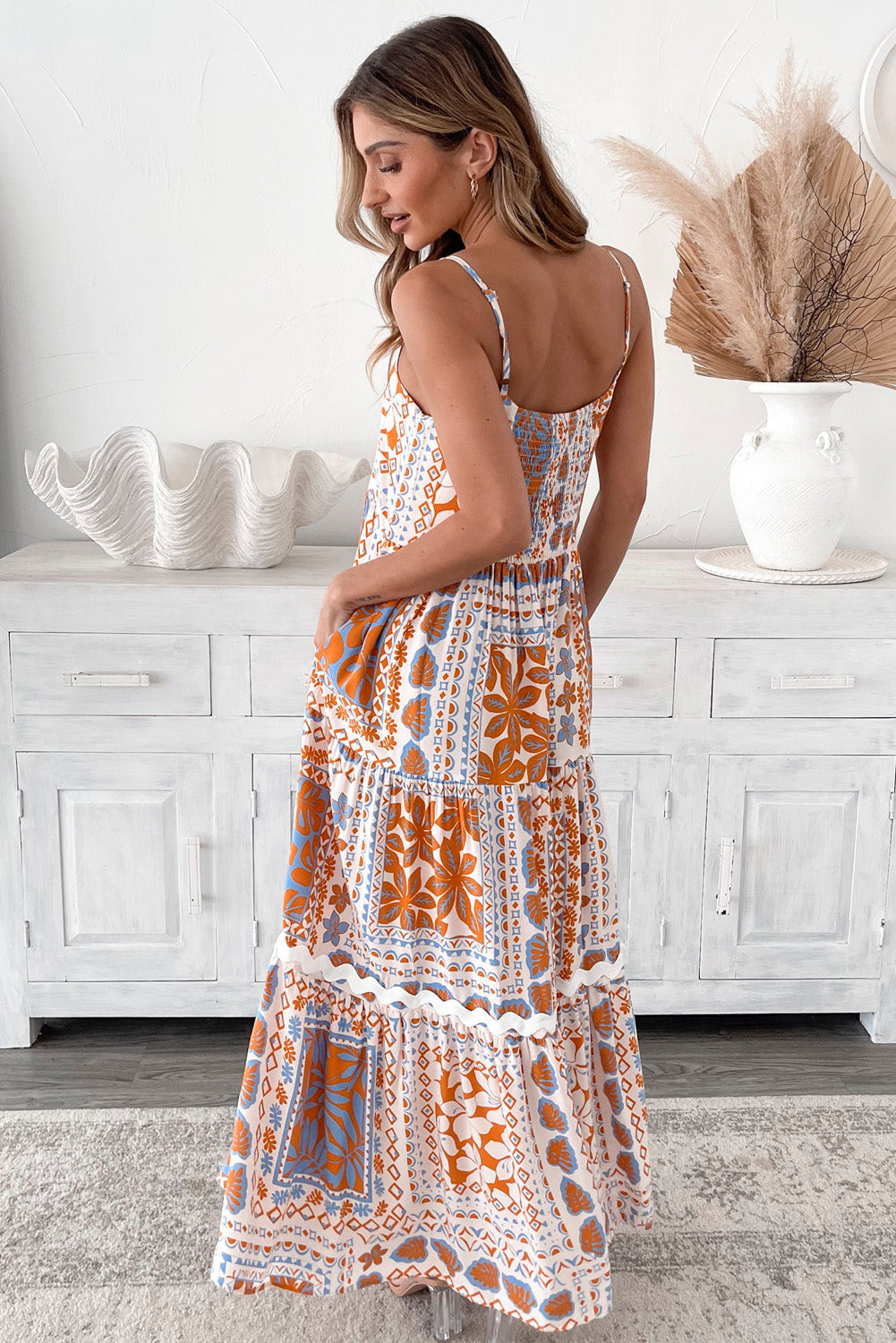 Orange Multi Printed Ricrac Trim Maxi Dress
