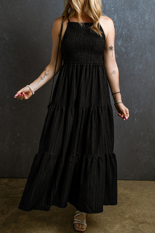 Black Smocked Pleated Tiered Maxi Dress