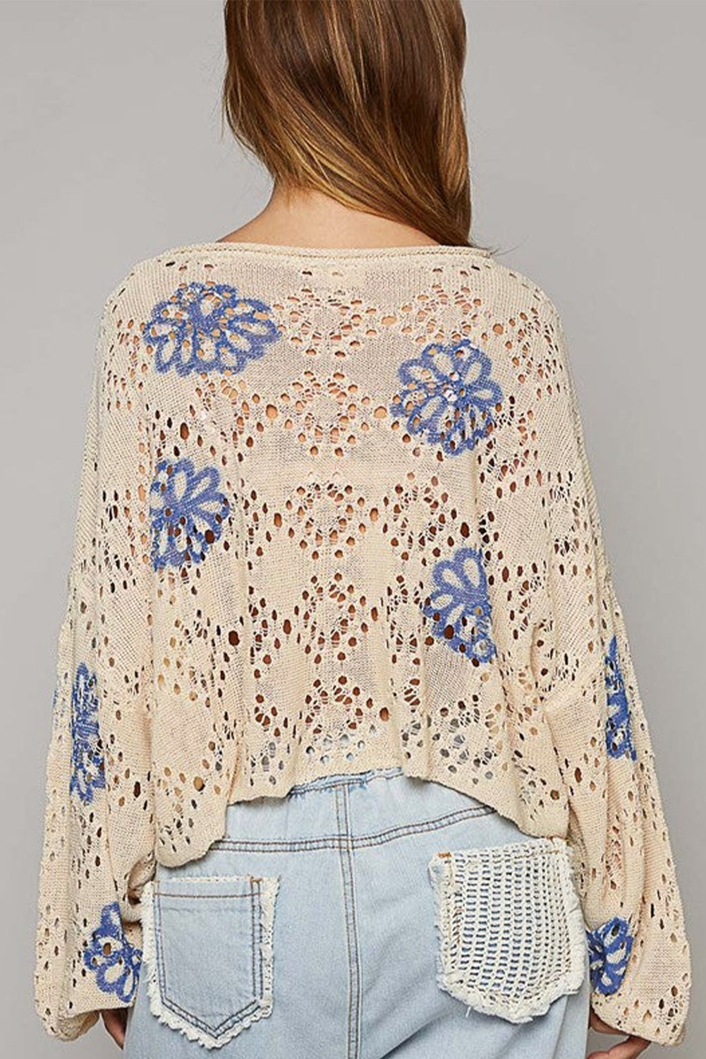 Flower Print Eyelet Drop Shoulder Sweater