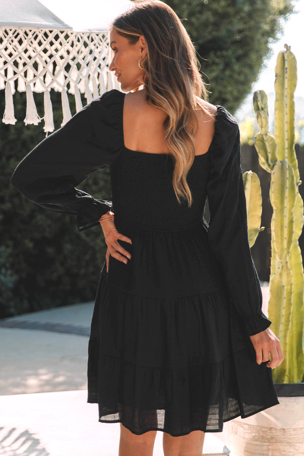 Black Bishop Sleeve Smocked Tiered Mini Dress