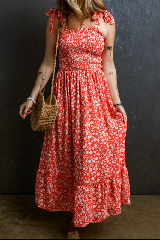 Floral Smocked Tie Strap Maxi