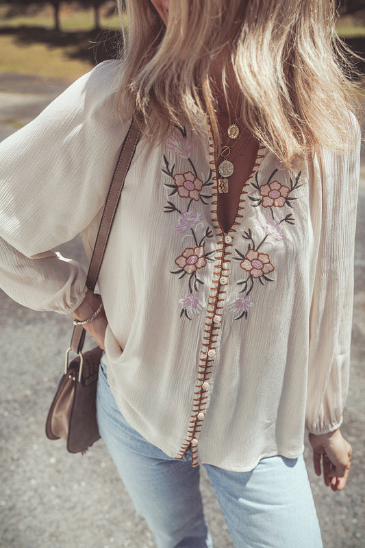 Boho Embroidered Puff Sleeve Blouse