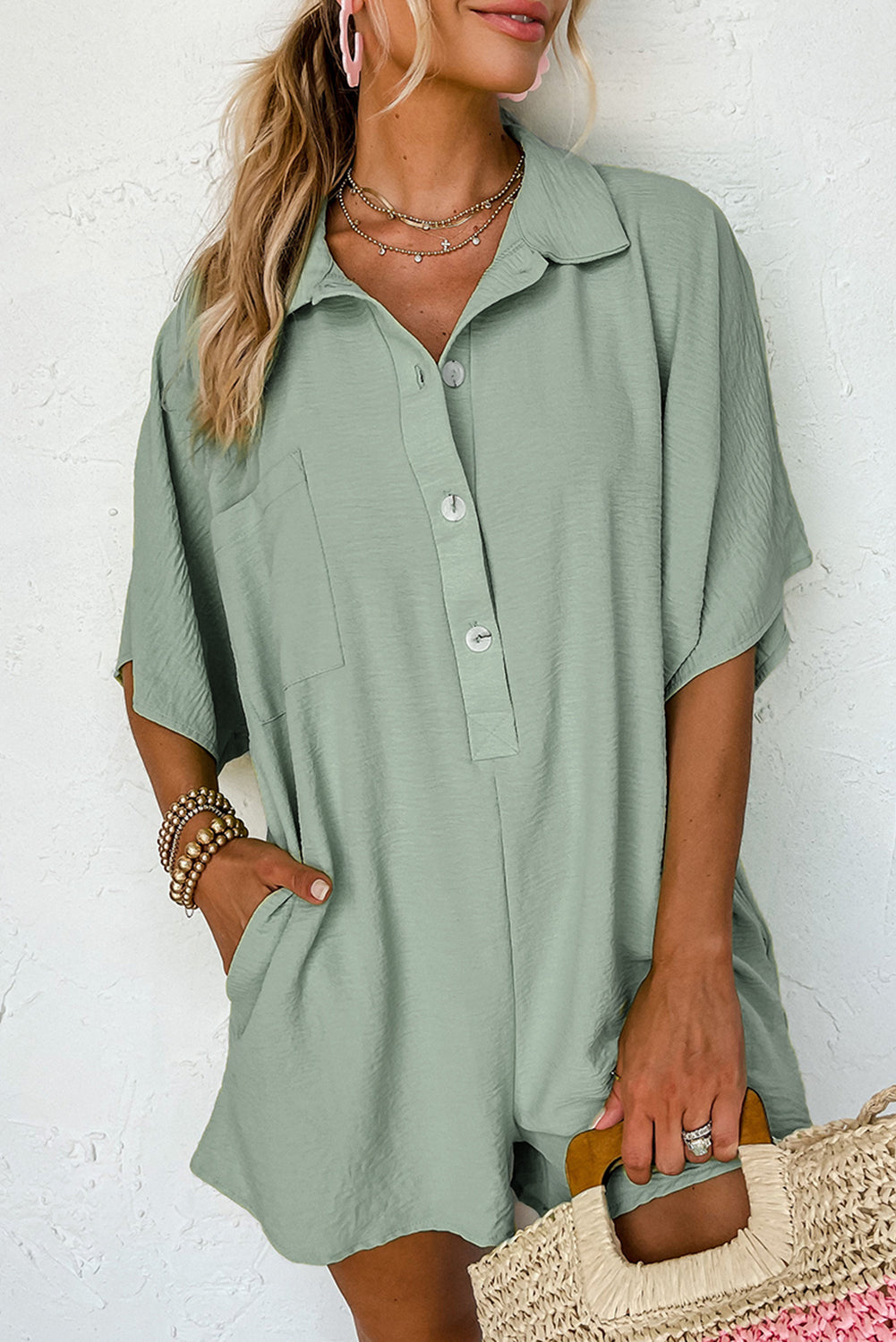 Half Button Loose Romper