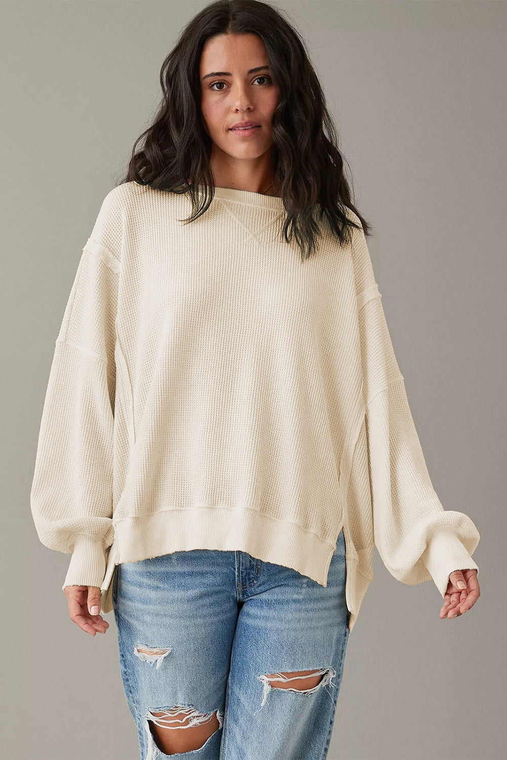 Waffle Knit Bishop Sleeve Split Oversized Sweatshirt