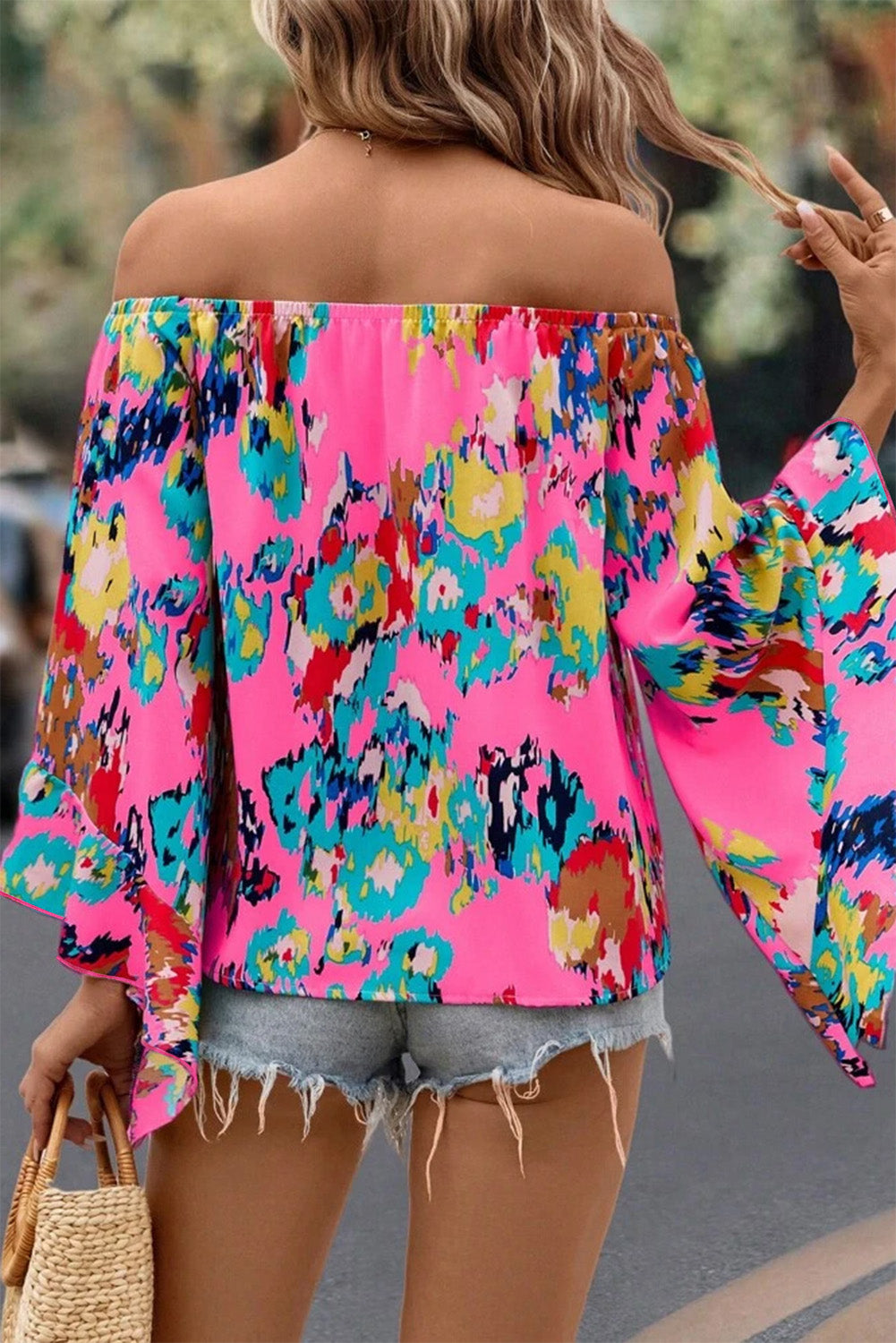 Abstract Floral Print Off-shoulder Bell Sleeve Blouse