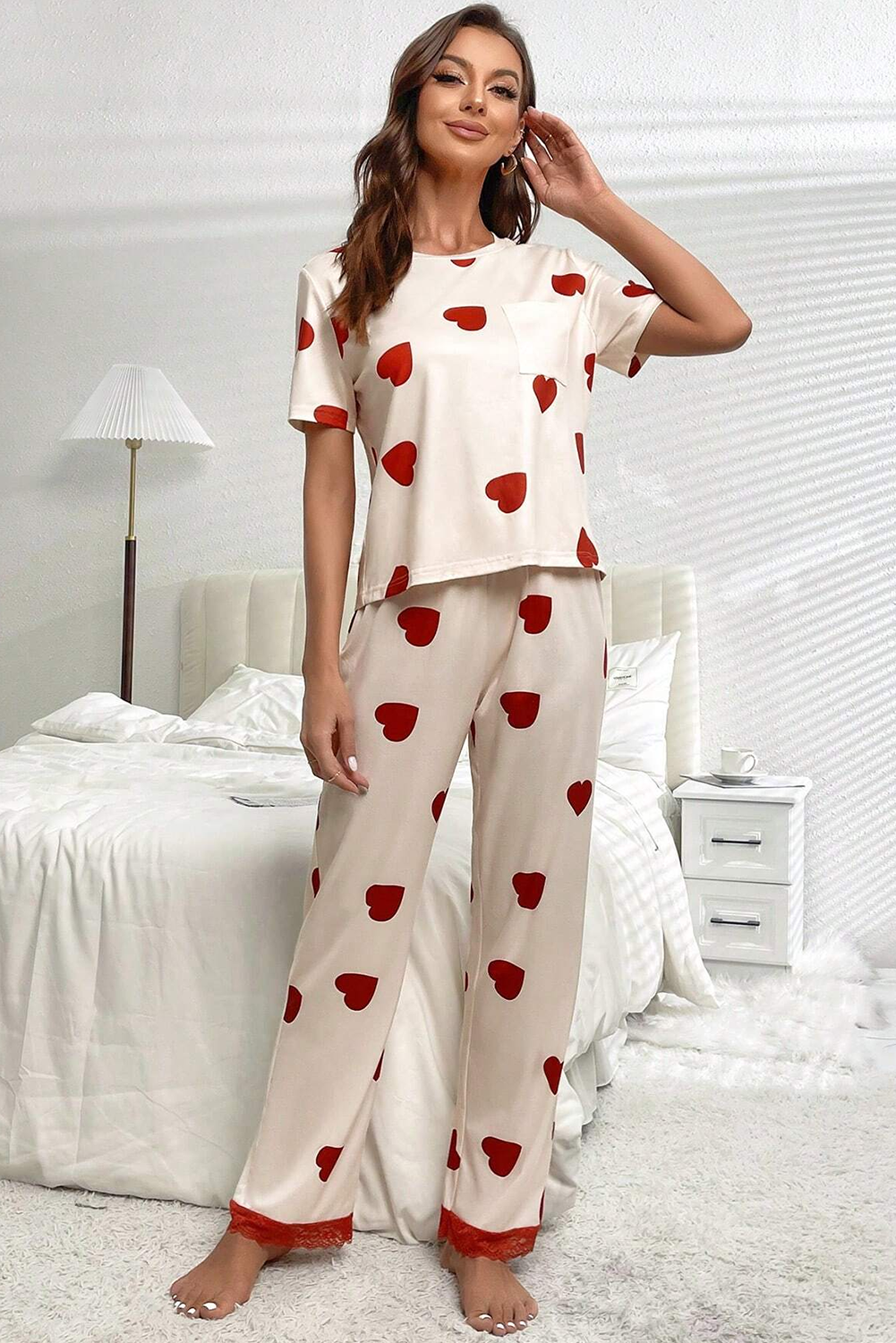 Heart Print Lace Hem Pajama Set