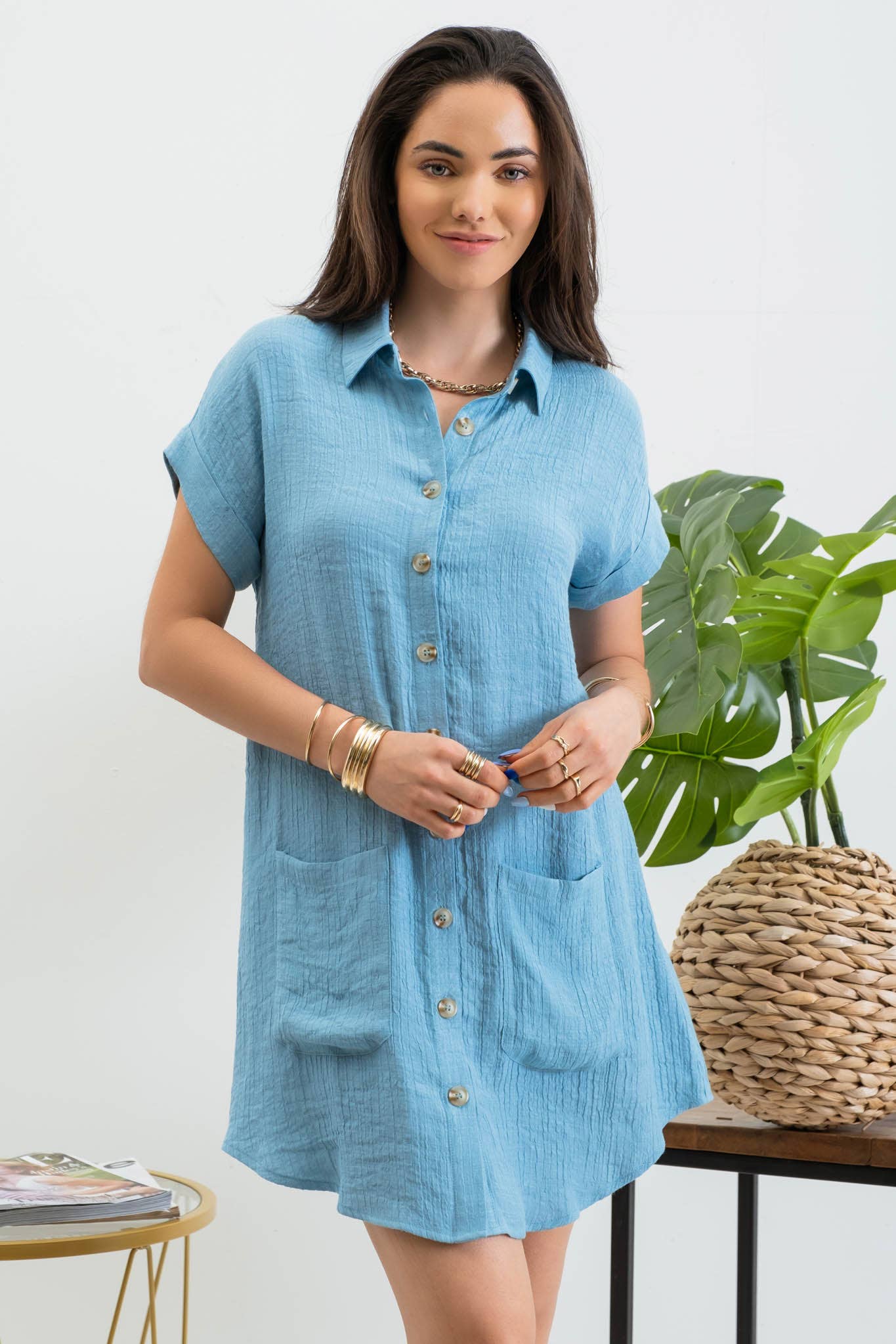 Collard Button Down Tunic Dress