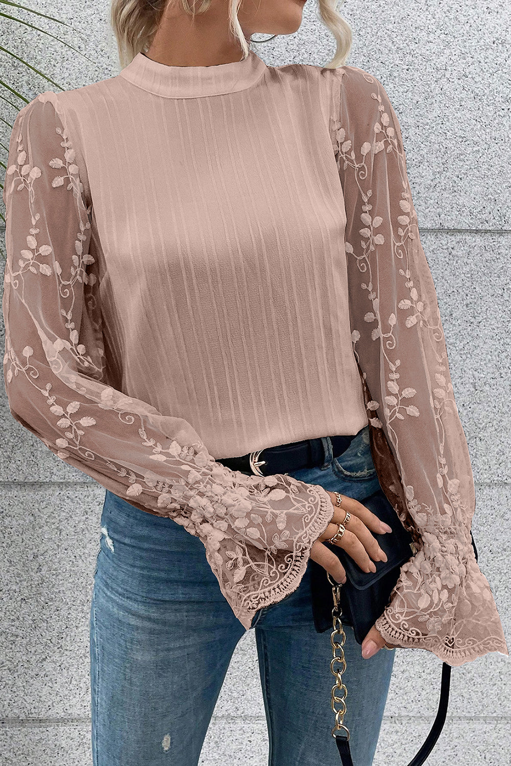 Apricot Lace Sleeve Mock Neck Blouse