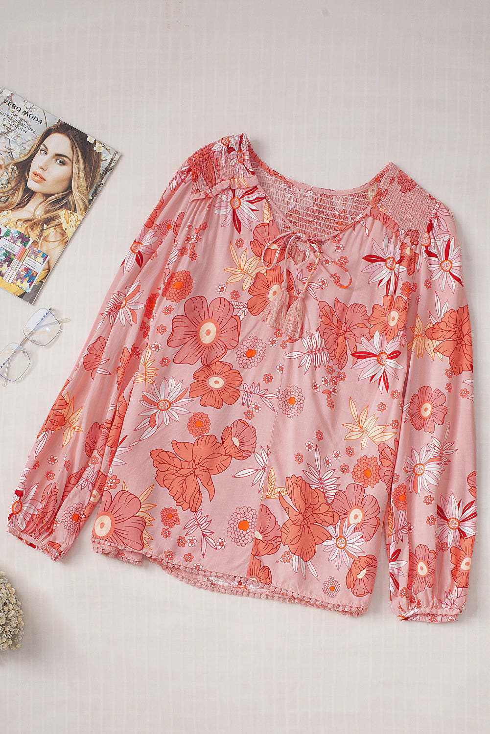 Floral Tasseled V Neck Puff Sleeve Blouse