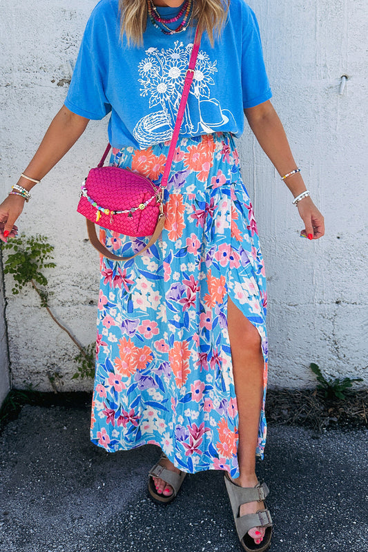 Blue Floral Printed High Waist Split Wrap Long Skirt