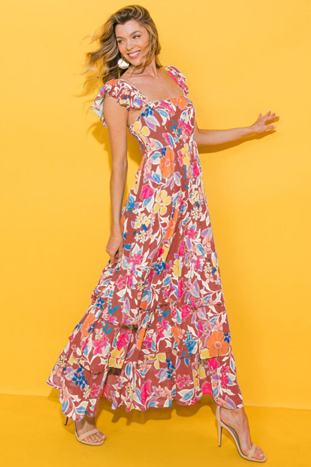 Sleeveless Floral Ruffle Maxi