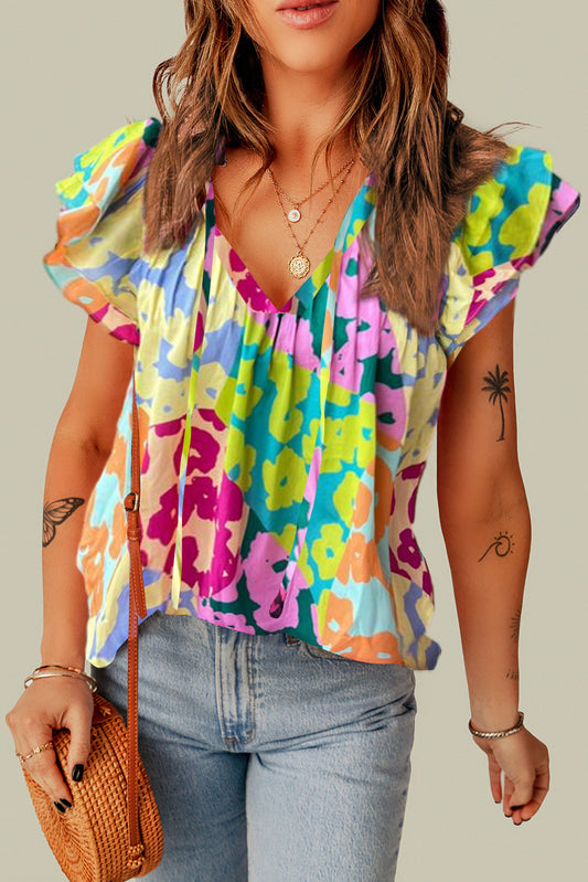 Leopard Multicolor Flutter Sleeve Blouse