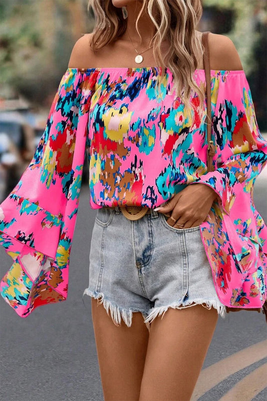 Abstract Floral Print Off-shoulder Bell Sleeve Blouse