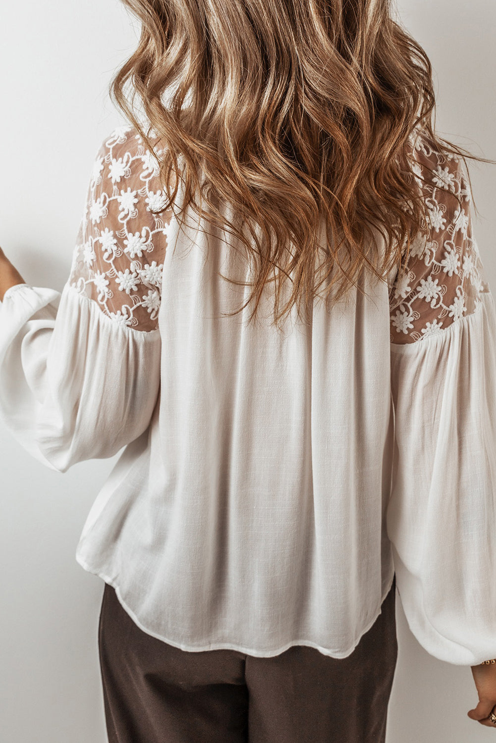 White Floral Lace Patchwork Puff Sleeve Blouse