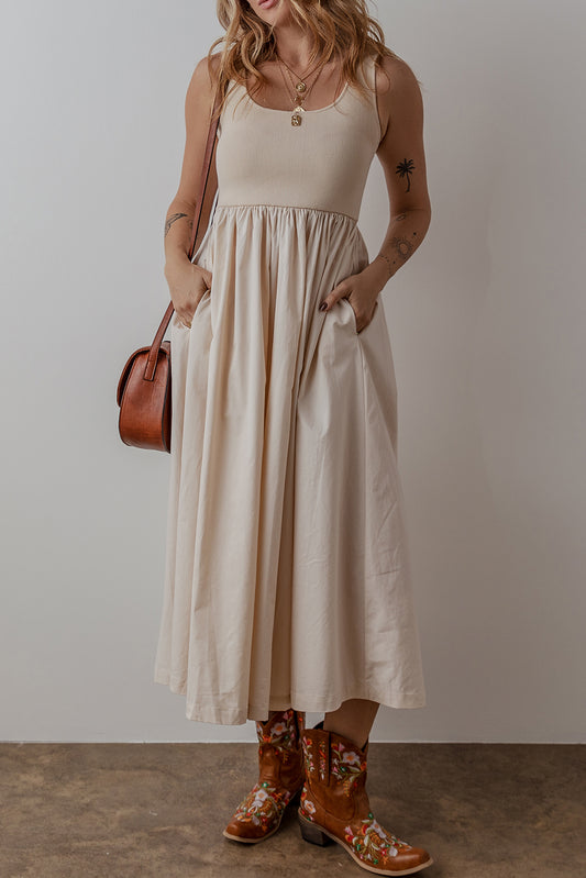 Beige Scoop Neck Sleeveless Long Dress