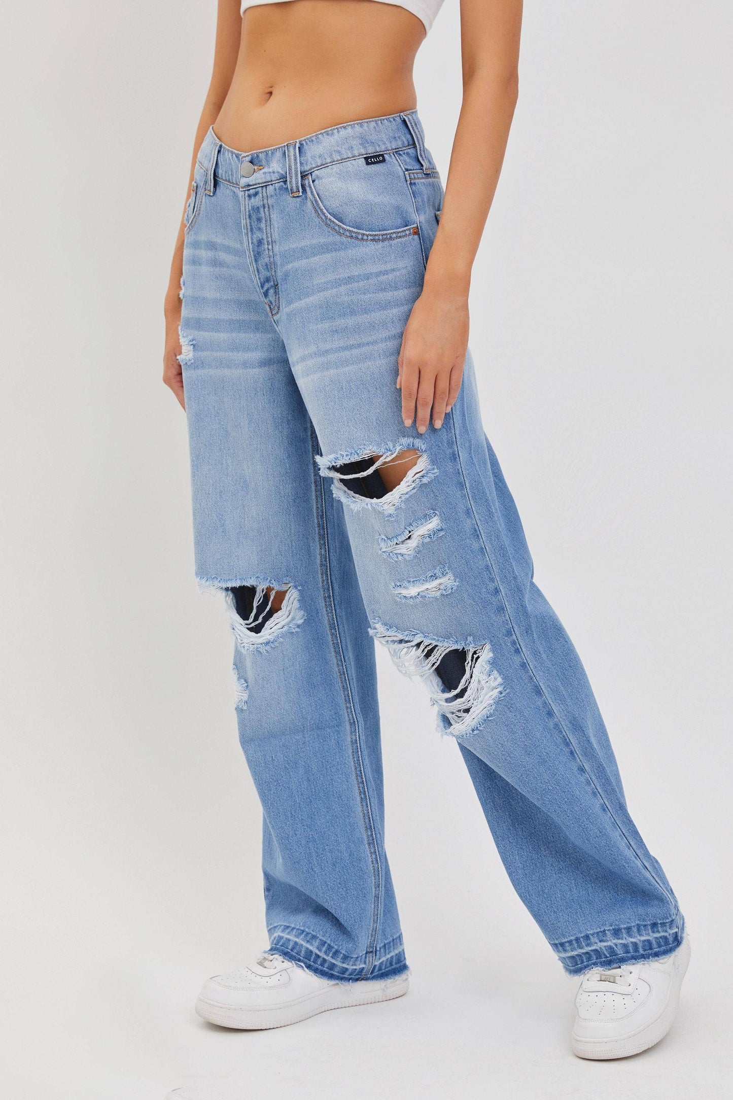 Cello Distressed Low Rise Jean with Released Hem