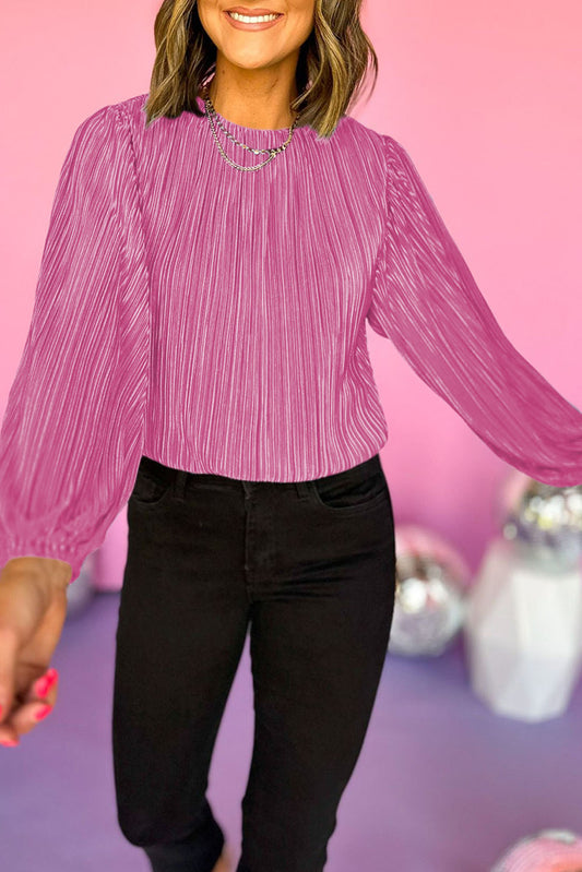 Pink Pleated Long Sleeve Blouse