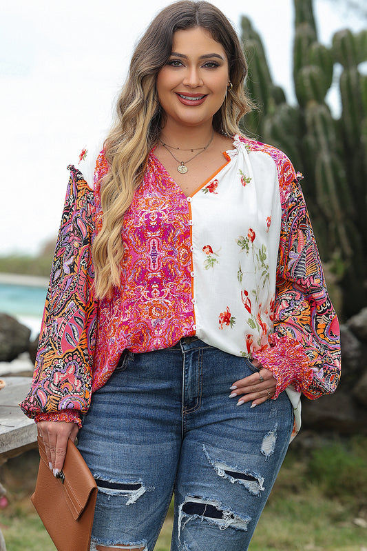 Boho Floral Patchwork Shirred Cuffs Blouse