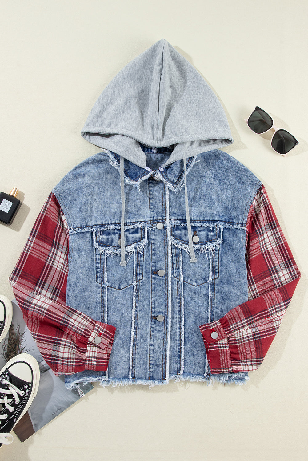 Plaid Hooded Distressed Denim Jacket