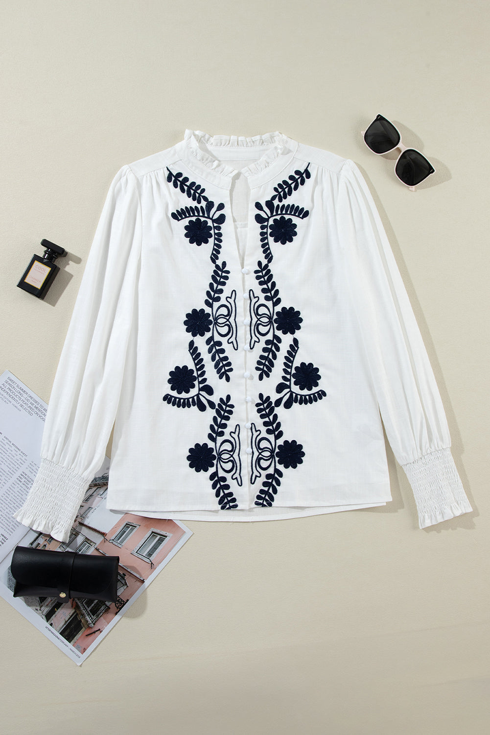 Floral Embroidered Shirred Sleeve Blouse