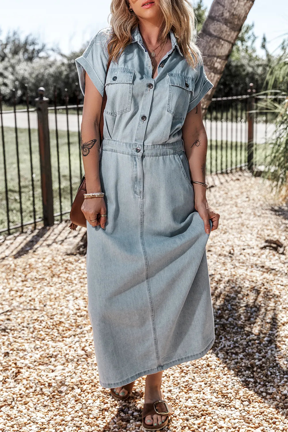 Batwing Sleeve Slit Back Denim Dress