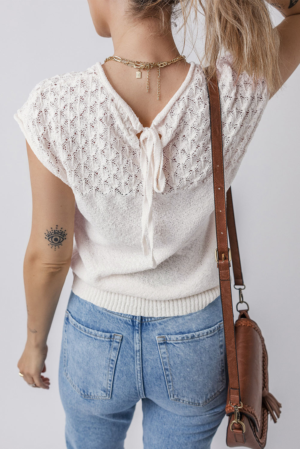 Eyelet Knit Short Sleeve Sweater Top