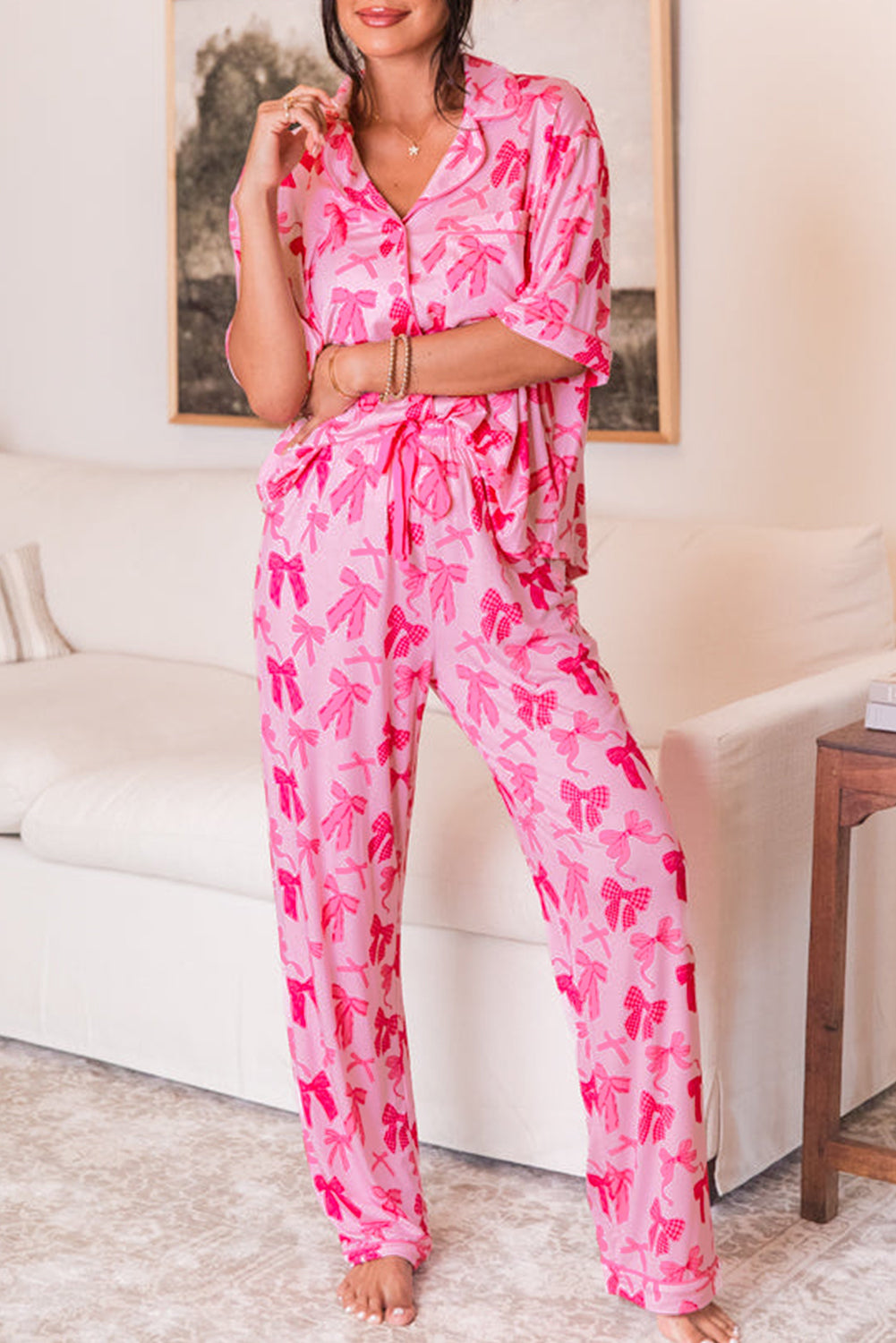 Double Pink Bow Pj Pant Set