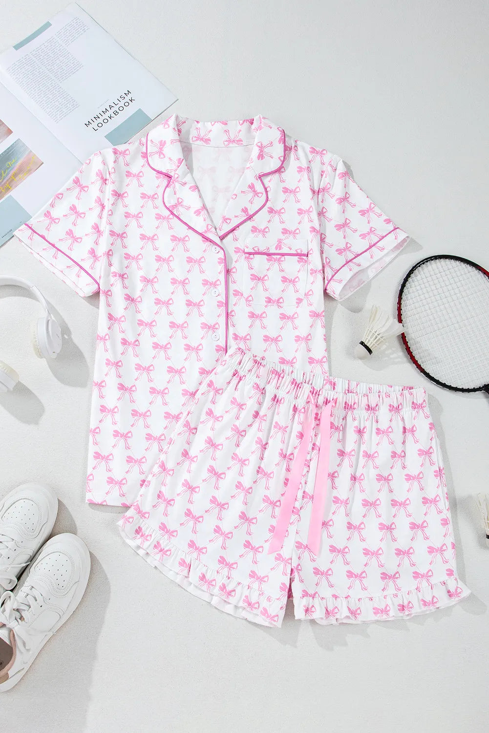 Bow Ruffle Hem Pajama Set