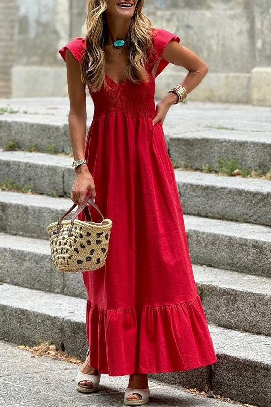 Red Flutter Sleeve High Waist Ruffle Maxi Dress