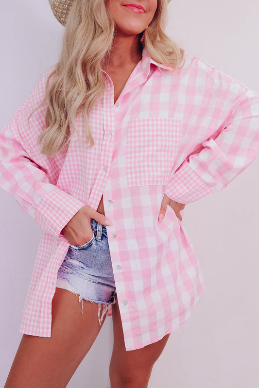 Pink Checked Patchwork Long Sleeve Shirt