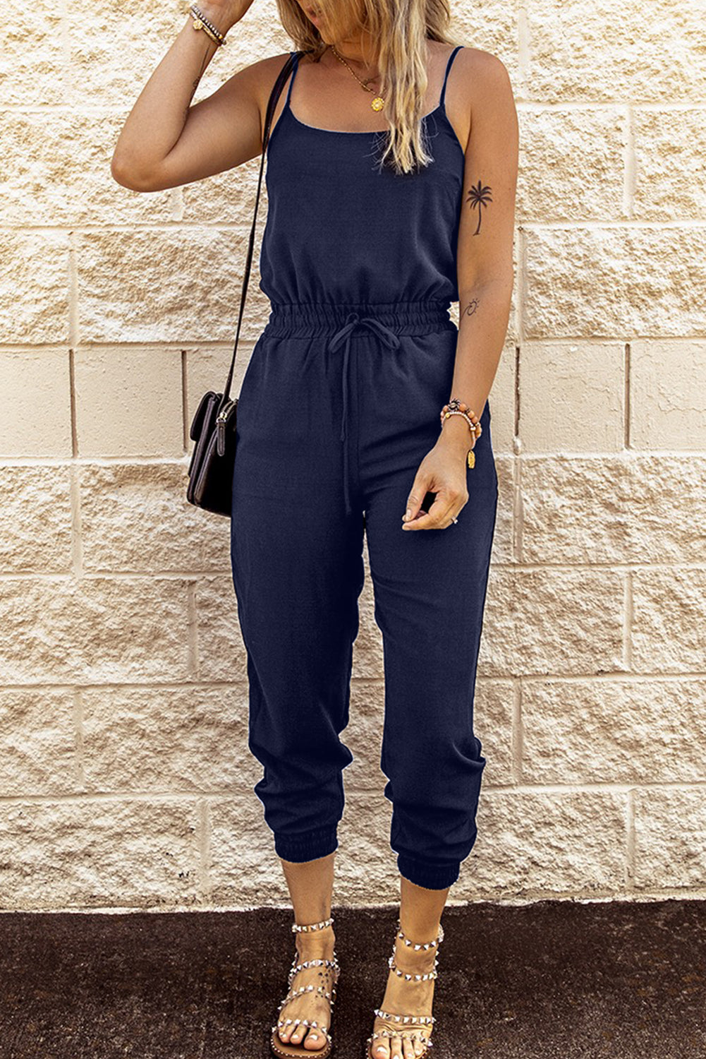 Navy Drawstring Waist Jumpsuit