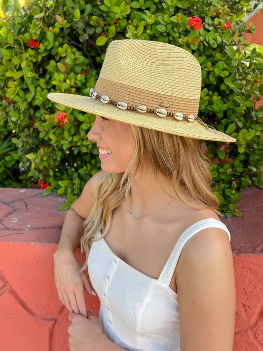 Two-Tone Shell & Wood Bead Trim Panama Hat