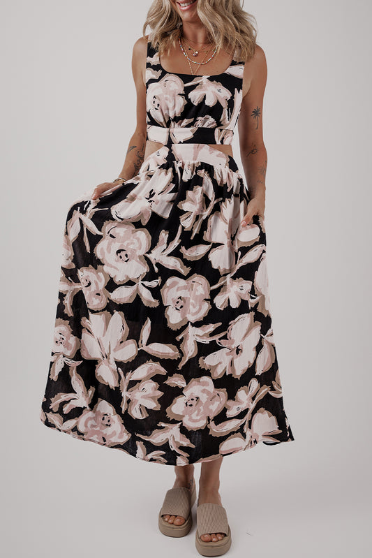 Black Floral Cutout Sleeveless Maxi Dress