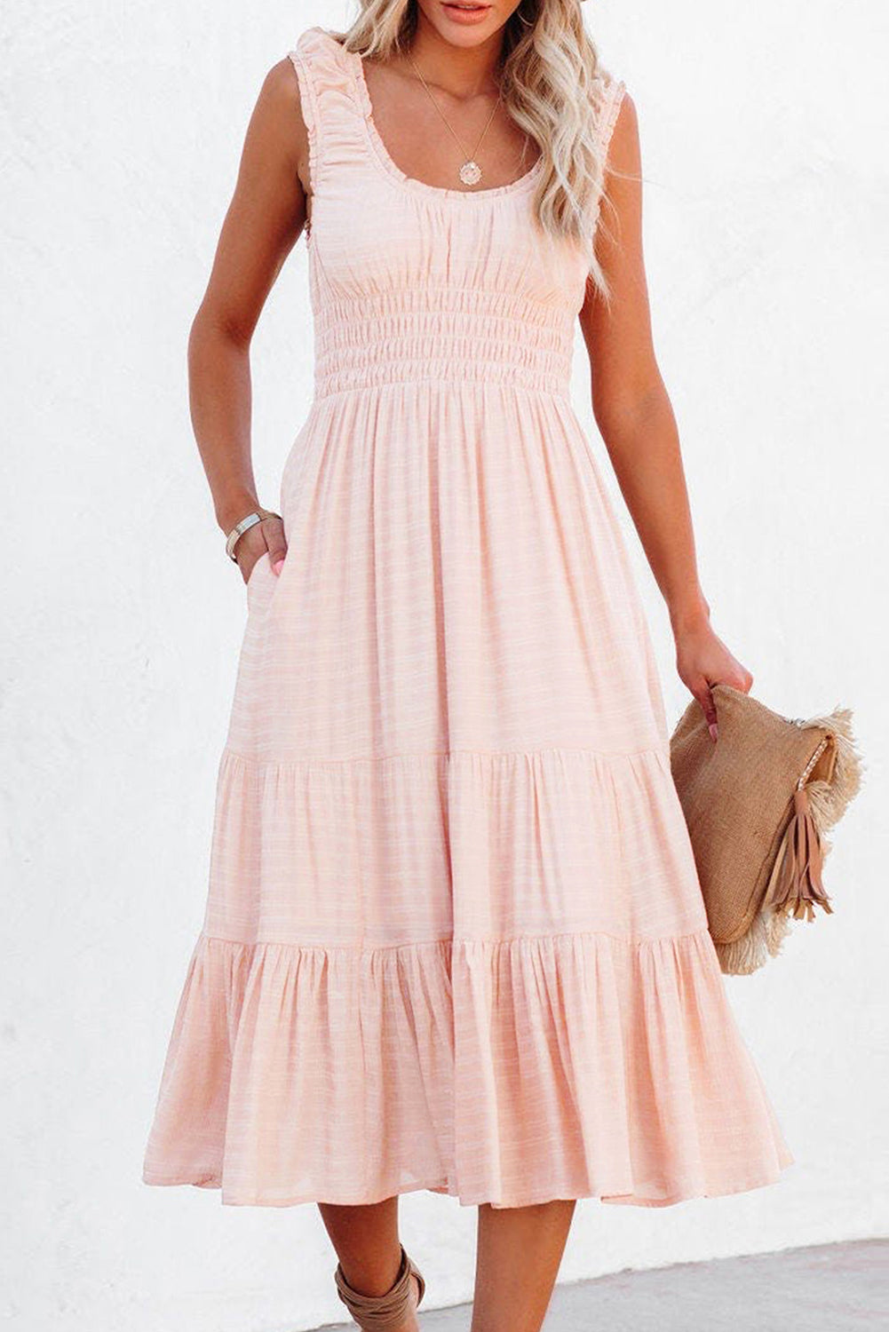 Smocked Ruched High Waist Midi Dress