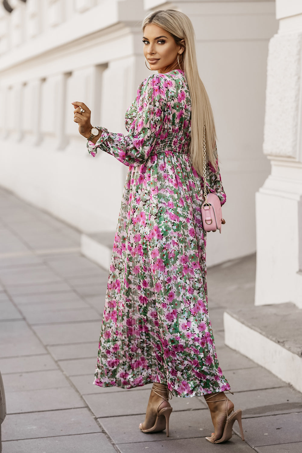 Floral Print Deep V Neck Maxi Dress