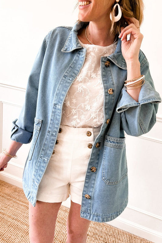 Slit Buttons Pocketed Denim Jacket