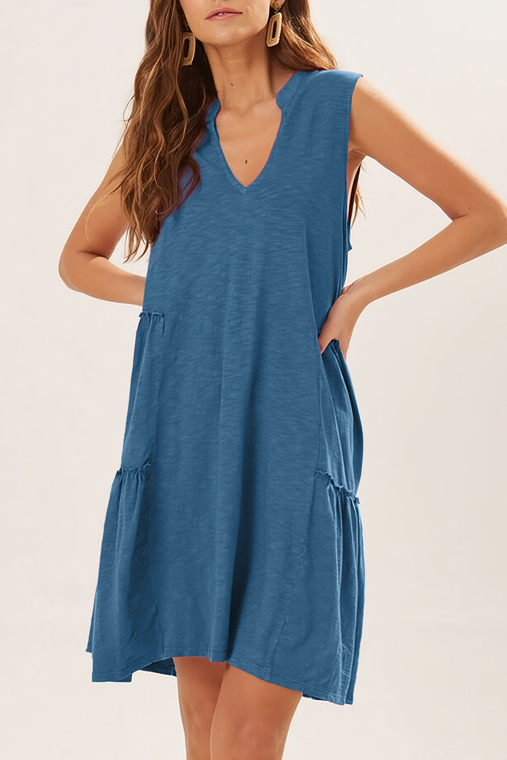 V Neck Tiered Ruffled Flowy Dress