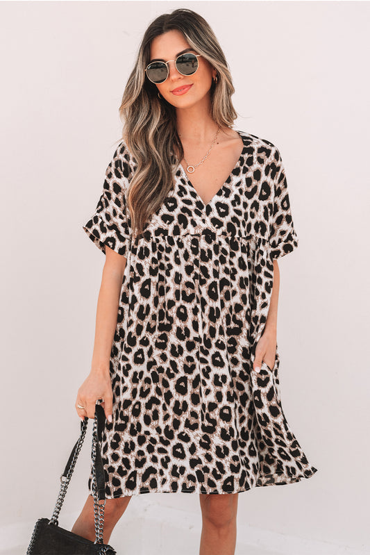 Cheetah Print Backless V Neck Loose Fit Mini Dress