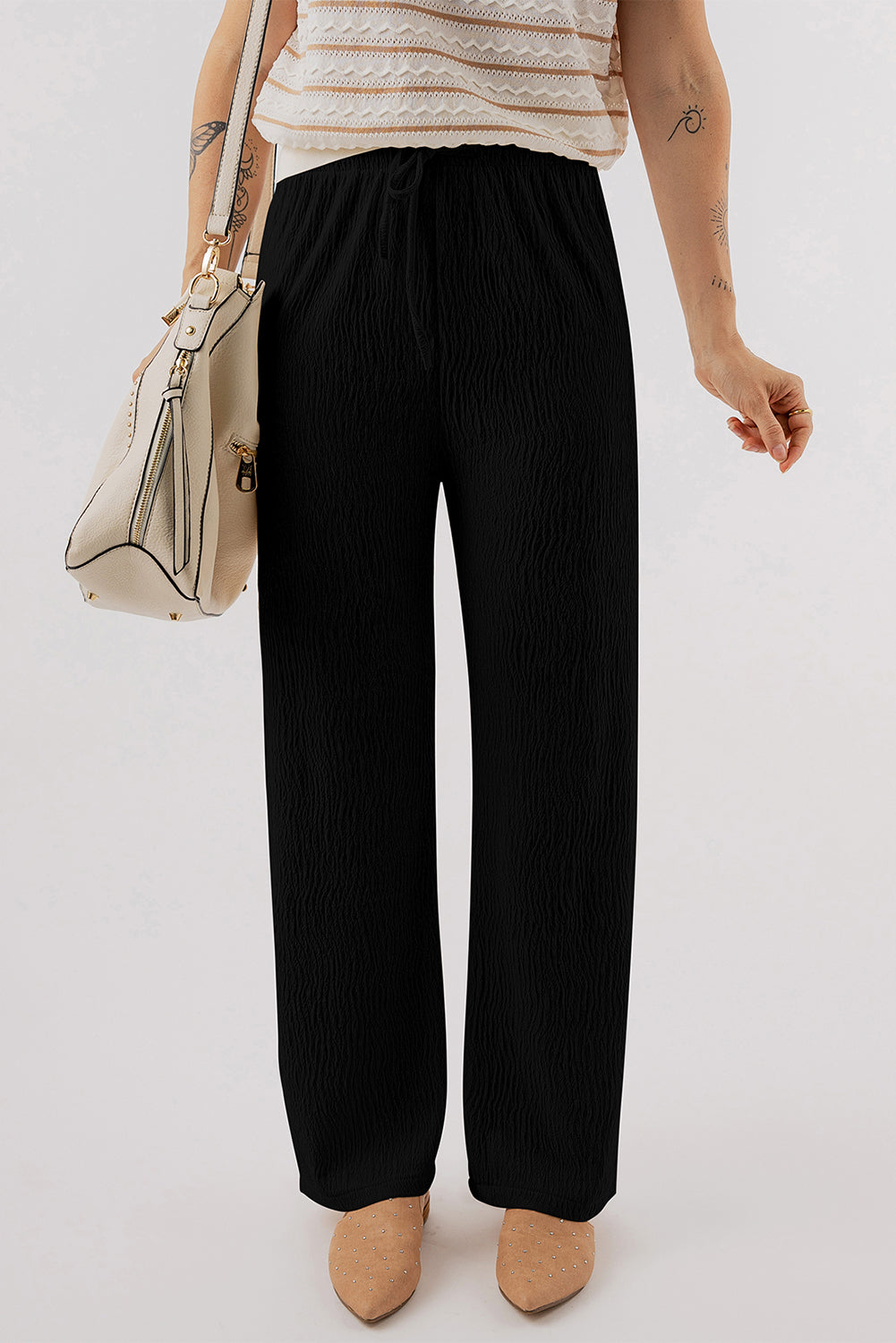 Black Textured Drawstring Pants