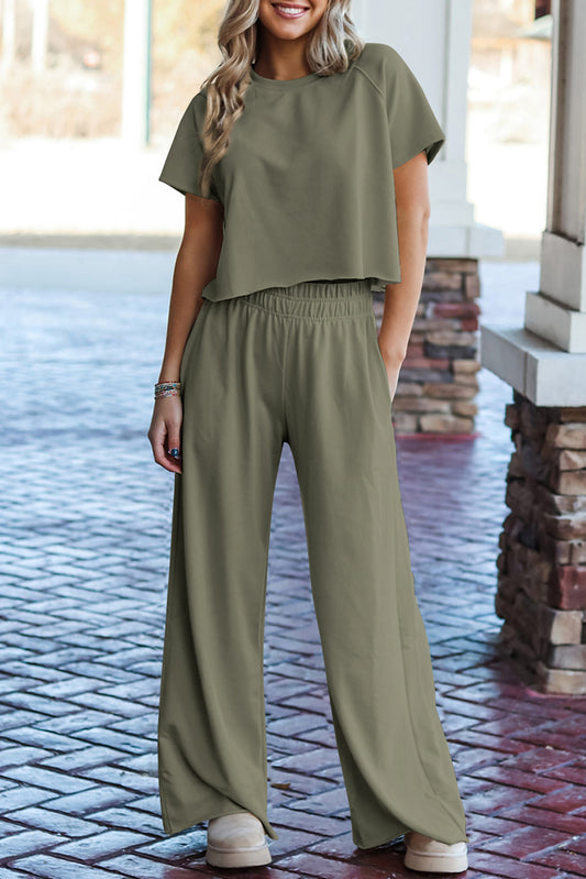 Raw Hem Loose Tee and Wide Leg Pants Set