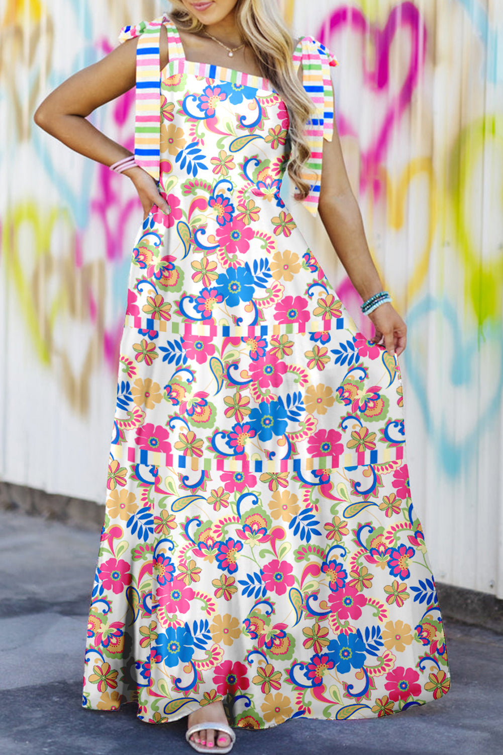 Striped Trim Floral Maxi