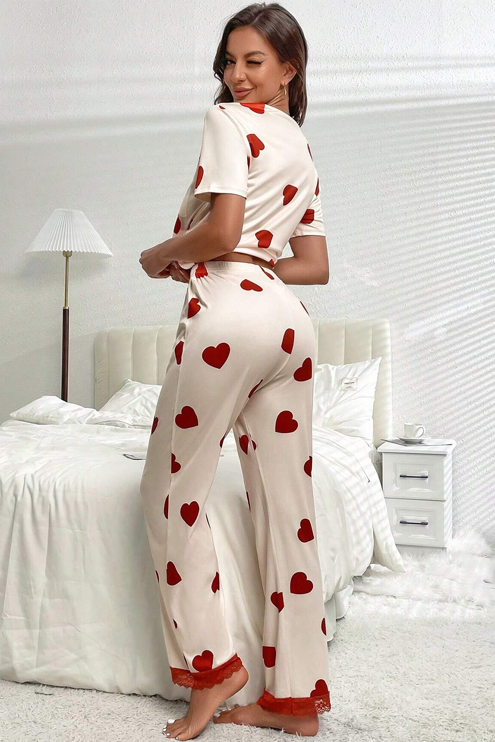 Heart Print Lace Hem Pajama Set