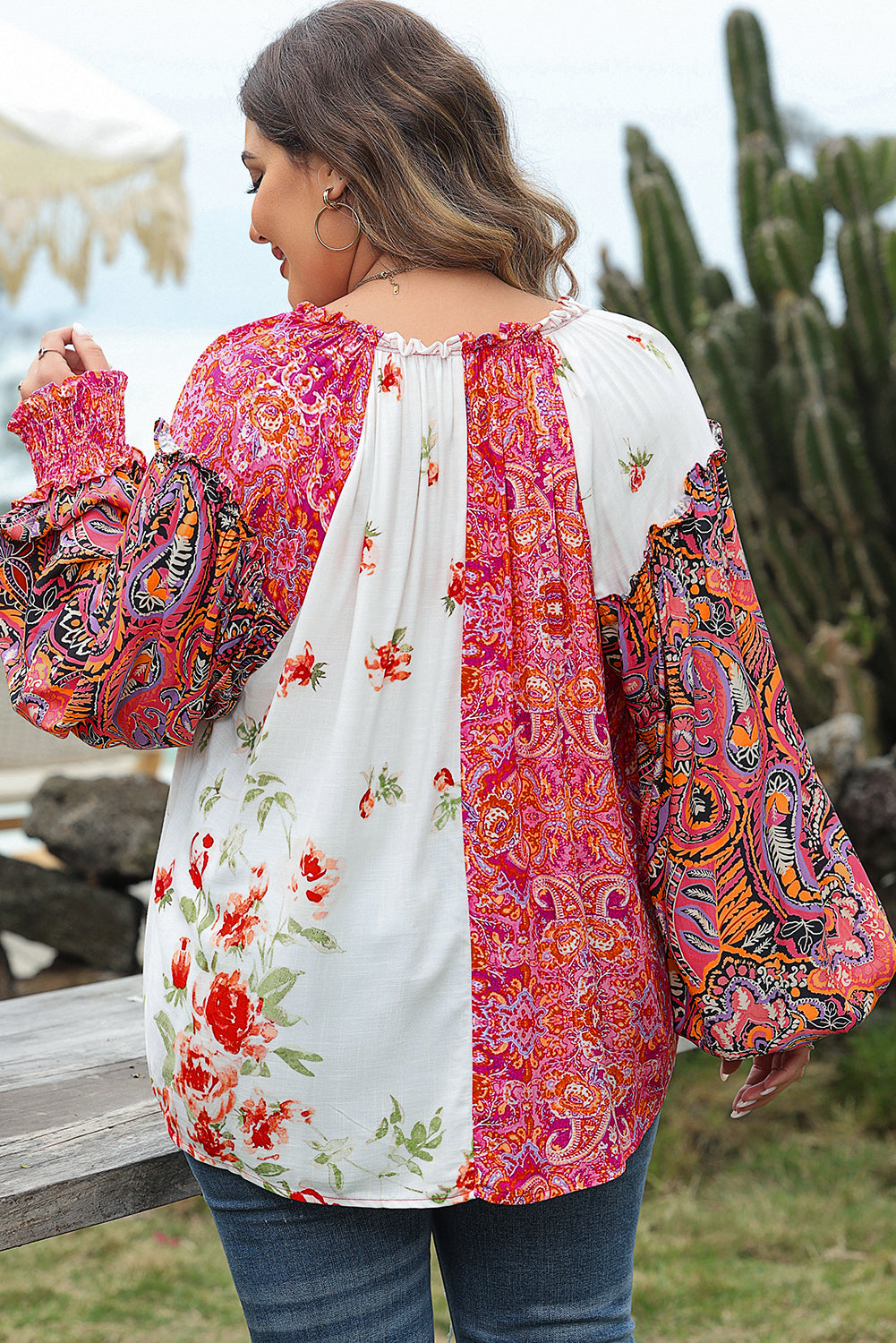 Boho Floral Patchwork Shirred Cuffs Blouse