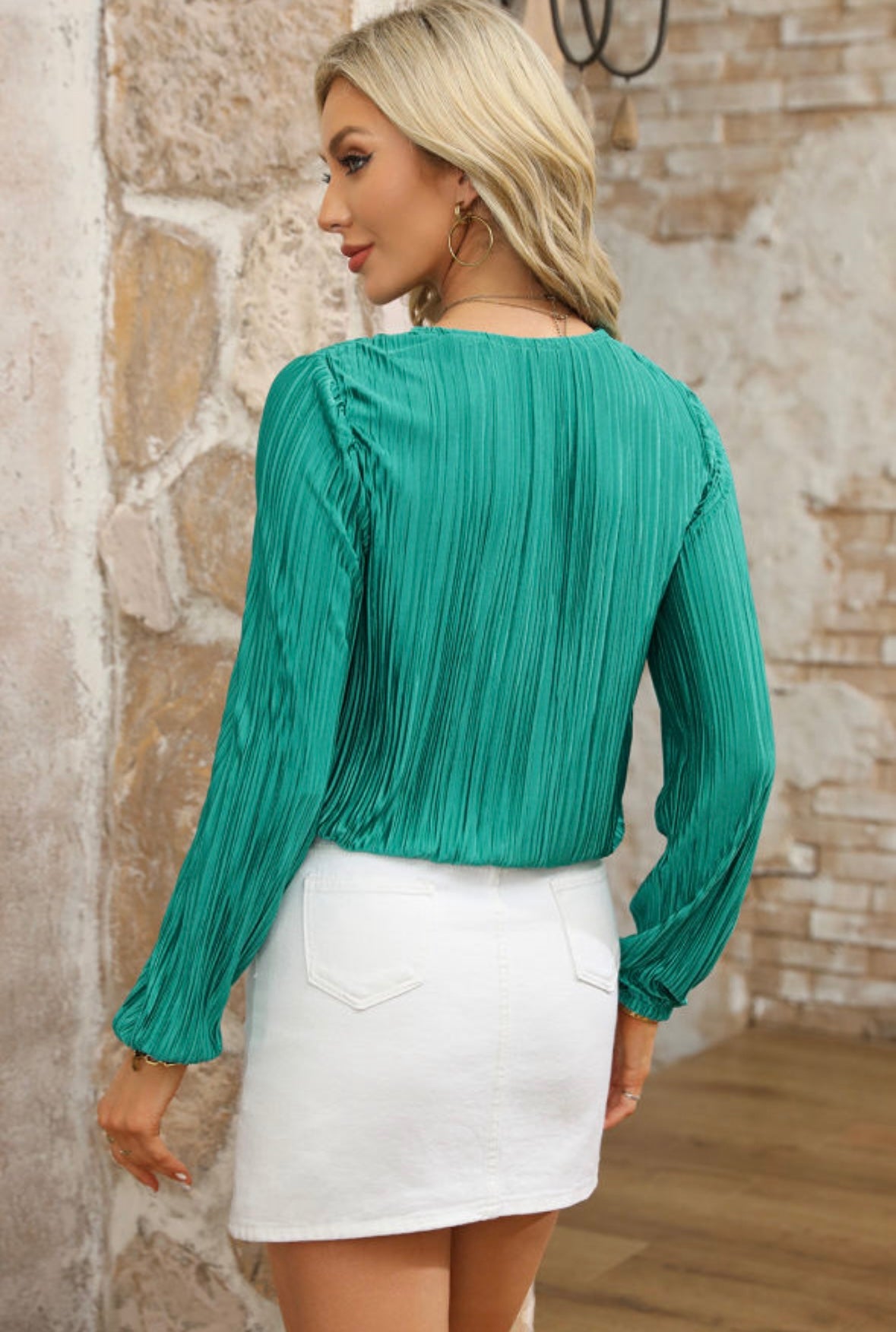 Sea Green Pleated Long Sleeve Top