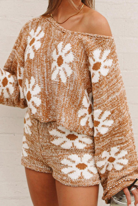 Brown Flower Loose Sweater