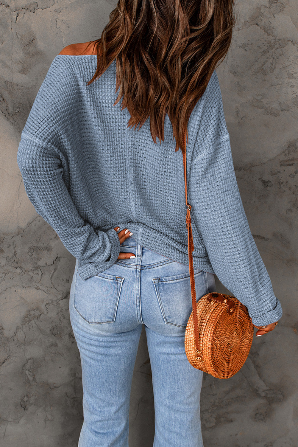 Blue Waffle Knit Long Sleeve Top