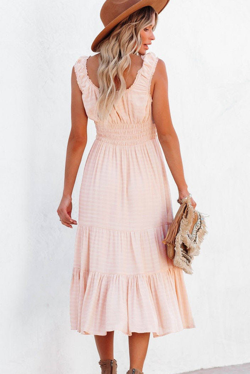 Smocked Ruched High Waist Midi Dress