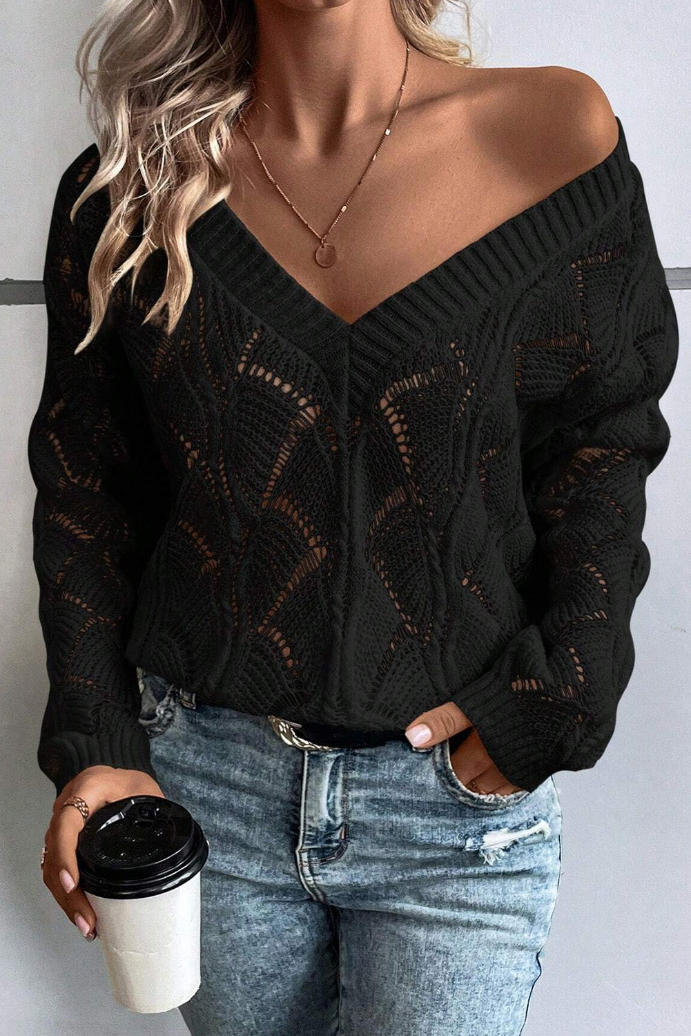 Hollow Knit V Neck Sweater